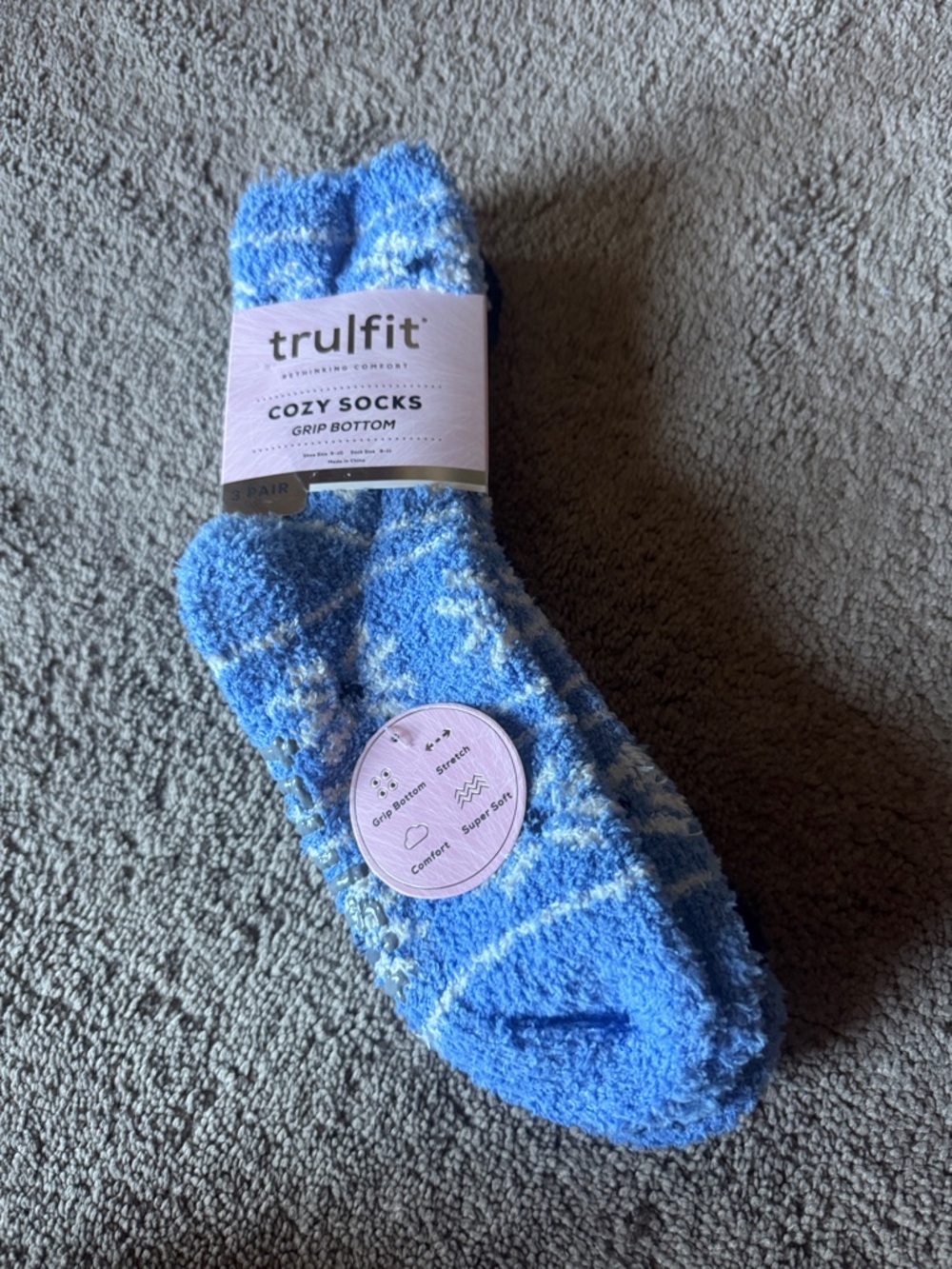 TruFit Cozy Fuzzy Grip Socks Soft Socks 3 Pair (Shoe SIZE 5-10, Sock 9-11)